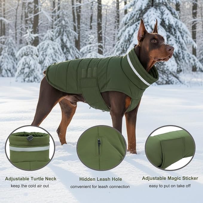 Dog Coat, Waterproof Winter Jacket, Warm Windproof Jacket, Reflective Adjustable Turtleneck Coats for Medium Dogs with Hook & Loop - Green - M