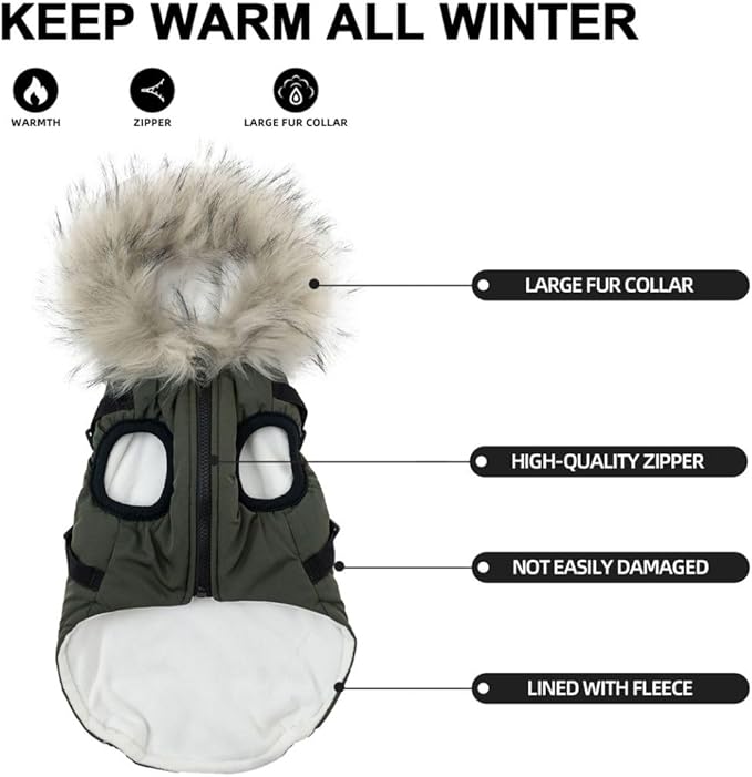 PINA Dog Winter Coat - Waterproof & Faux Fur Hooded Jacket with Reflective Strap for Medium/Small Dogs, Green, L/XL