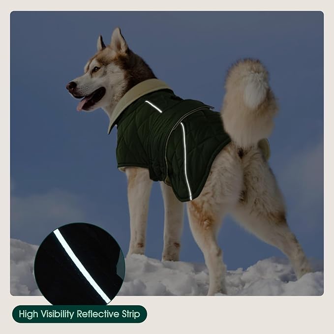 Kuoser Extra Warm Dog Jacket for Medium Dogs, Fleece Lined Dog Turtleneck Snow Suits, Windproof & Reflective Pet Winter Coat Cold Weater Clothes for Dogs, Green M