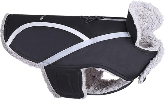 VIVAGLORY Frostfit Dog Coat, Dog Jacket for Winter & Cold Weather, Warm Fluffy Fleece Lined Water Resistant Reflective for Puppy, Coat with Velcro Fastening & Leash Hole, M, Black
