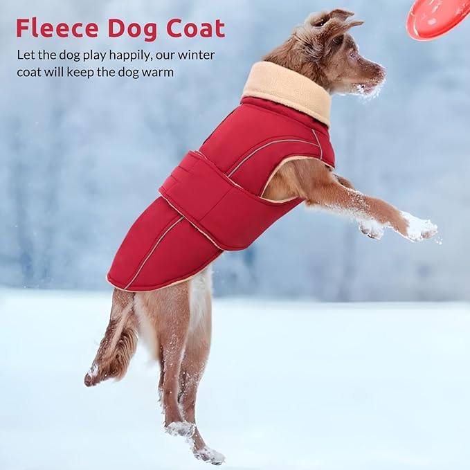 ASENKU Warm Dog Coat, Waterproof Dog Jackets for Large Dogs with Reflective Fleece Vest Turtleneck with Button, Windproof Cold Weather Coats for Small Medium Large Dogs, Dark Red, L