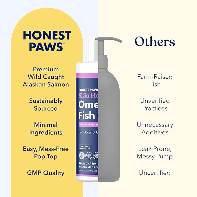 Honest Paws Wild Alaskan Salmon Oil for Dogs & Cats – Omega 3 Fish Oil Supplement for Skin, Coat, Joint & Heart Health – Natural, Sustainably Sourced, 16 oz