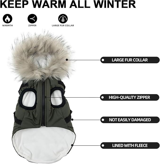 PINA Dog Winter Coat Winter Jacket with Waterproof Fabric, Faux Fur Hood, Reflective Strap for Small Medium Large Dogs, Green, 3XL