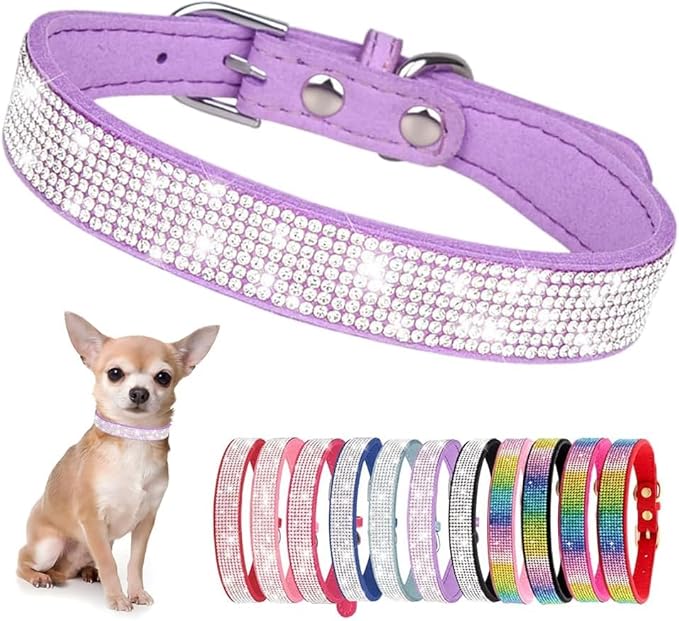 Serijoars Small Dog Collar with Rhinestone Crystal Diamond Colorful Bling Girl Puppy Cat Collars (S, Purple)