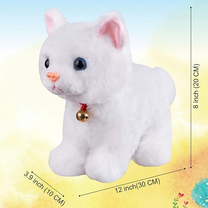 White Plush Cat Stuffed Animal Interactive Cat Robot, Robotic Cat Barking Meow Kitten Touch Control, Electronic Pet, Robot Kitty Toy, Animated Cat for Girl Baby Kid L:12" * H:8" *