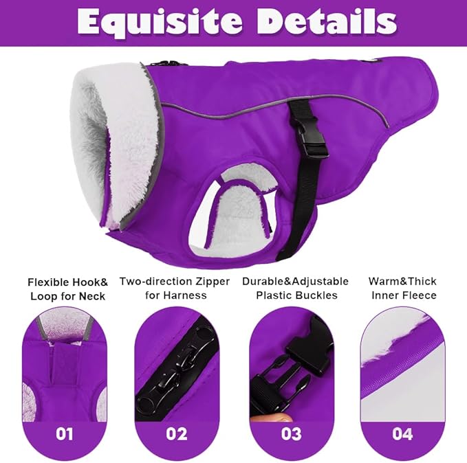 EMUST Dog Winter Coat, Thick Windproof Pet Jacket Winter, Pet Cold Weather Coats for Small/Medium/Large Dog, Purple, XXL