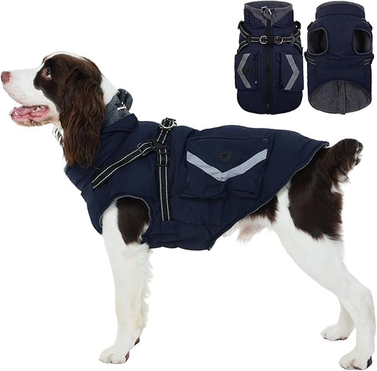 FUAMEY Winter Coat for Dogs Fleece Lined, Extra Large Cozy Dog Jacket with Harness, Turtleneck Doggy Warm Clothes Cold Weather Snow Outfits Reflective Strips, Beagle, Corgi (Dark Blue, XL)