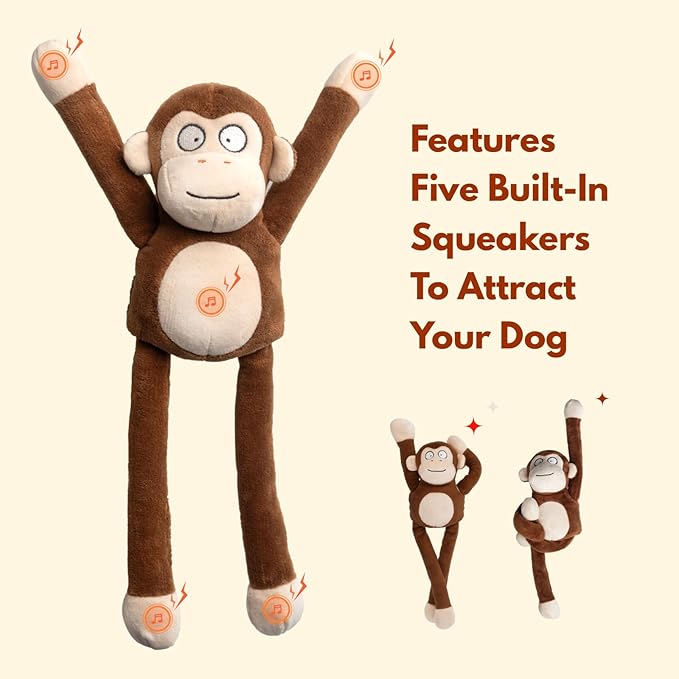 Squeaky Dog Toys with Crinkle Paper Durable Tug of War Monkey Plush Dog Toy with Soft Fabric for Small Middle and Large Dogs