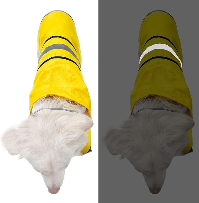 Dog Raincoat Waterproof Reflective Slicker - Lightweight Breathable Hooded Poncho Rain Coat Jacket with Adjustable Belly Strap and Leash Hole for Small Medium Large Dogs (Yellow, XX-Large)