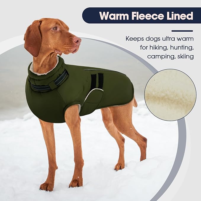 IECOii Dog Coats for Large Dogs Winter Waterproof Jacket with Collar Built in, XXL Dog Coat for Cold Weather Warm Snow Jacket with Thermal Fleece Lining, Reflective Pet Snowsuit Large,Army Green - 2XL