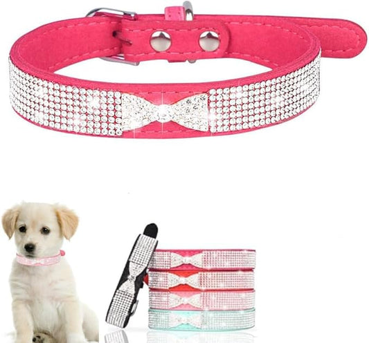 Serijoars Small Dog Collar with Rhinestone Crystal Diamond Colorful Bling Girl Puppy Cat Collars (L, Hot Pink3)
