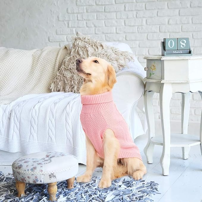 Mihachi Turtleneck Dog Sweater - Winter Coat Apparel Classic Cable Knit Clothes with Leash Hole for Cold Weather, Ideal Gift for Pet in New Year Flesh Pink Medium