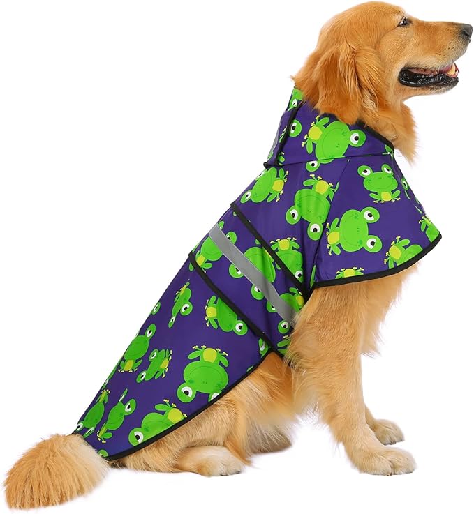 HDE Dog Raincoat Jacket Reflective Adjustable Hooded Pet Poncho Rain Coat with Leash Hole for Small to X-Large Dogs Frogs - XL