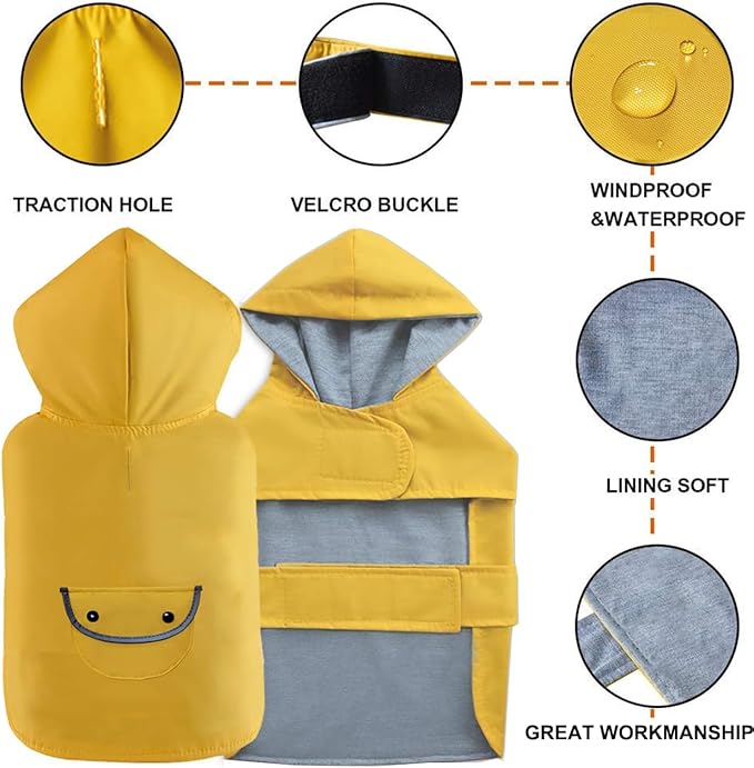 Small Dog Raincoat Puppy Dogs Rain Jacket Reflective Poncho Rainwear Waterproof Pet Clothes Warm Lined Pocket Hooded Leash Hole Adjustable Puppy,Yellow,XS,Back Length 6.3 Inch