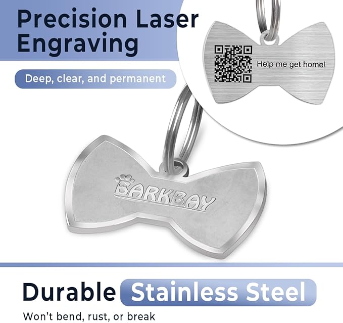 Dog Tags Personalized for Pets,Dog Name Tags QR Code,No Subscription Fees,Modifiable Pet Online Profile,Stainless Steel,No App Required,for Dogs and Cats Small,Medium,Large(Bow Tie,Regular)