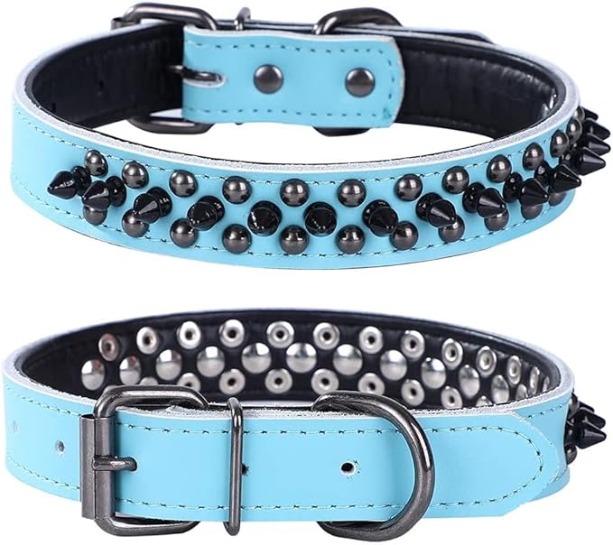 Adjustable Genuine Leather Spiked Studded Dog Collars for Small Medium Large Pets Like Pit Bull Bulldog Pugs Husky (L, Light Blue1)