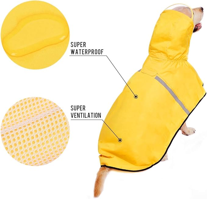 Dog Raincoat with Adjustable Belly Strap and Leash Hole - Hoodie with Reflective Strip - Waterproof Slicker Lightweight Breathable Rain Poncho Jacket for Medium Large Dogs - Easy to Wear, Yellow 4XL