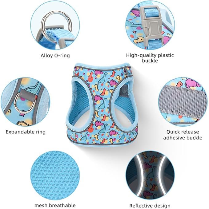 Step in Dog Harness and Leash Set, Flower Adjustable Easy Walk Puppy Harnesses, Soft Mesh Pet Vest Harness Small Size Dog Adjustable No Pull Dog Harness for Small Dogs and Cats(Dinosaur, XXS)