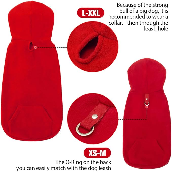 EXPAWLORER Dog Hoodie Fleece Sweater Vest, Hooded Dog Sweatshirt Fall Winter Pet Clothes with Leash Ring, Sleeveless Warm Cozy Puppy Clothing for Cat Small Medium Large Dogs Girl Boy, Red XS