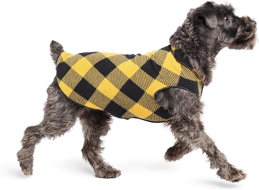 Goldpaw Stretchy Fleece Jacket for Small Dogs - Super Soft, Warm Dog Sweater - Pet Sweater Vest for Fall and Winter - Canine Clothes Made in The USA - Machine Washable - Gold Buffalo Check - Size 24
