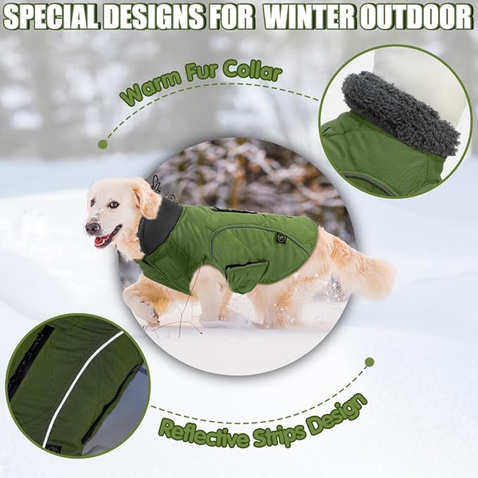 EMUST Winter Coat for Large Dogs, Windproof Dog Jacket for Cold Weather, Extra Warm Pet Winter Clothes for Small Medium Large Dogs, Green, XXL