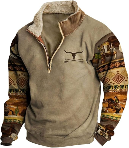 HOTYD Aztec Cowboy Mens Hoodie Vintage Graphic Western Hoodies Casual Long Sleeve 1/4 Zip Pullover Mens Country Jacket