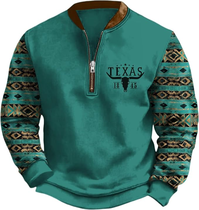 HOTYD Aztec Cowboy Jacket Men Vintage Bullhorn Printed Oversized Western Sweatshirt Long Sleeve Quarter Zip Pullover
