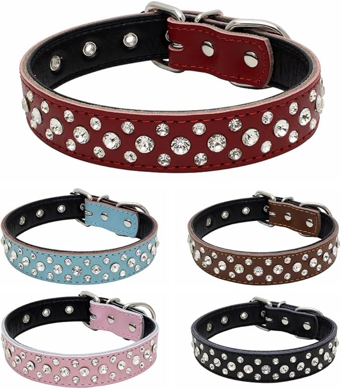 Rhinestones Dog Collar, Adjustable Sparkly Crystal Studded Genuine Leather Pet Dog Collar for Small and Medium Dogs (M, Brown)