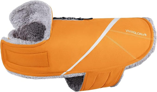 VIVAGLORY Snowrap Dog Coat, Jacket with Harness Hole & Velcro Closure, Dog Coat for Winter & Cold Weather, Fluffy Warm Fleece Lined Reflective Water Resistant for Puppy, XL, Orange