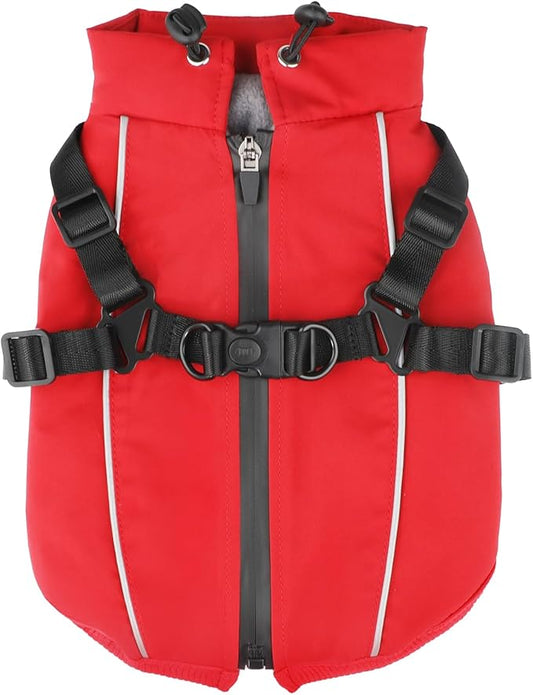 Dog Winter Coat Reflective Water-Resistant Jacket, Fleece Lined Windproof Puppy Coat with Back Zipper & D-Ring, Cold Weather Dog Coats for Small Medium Large Dogs (L, Red)