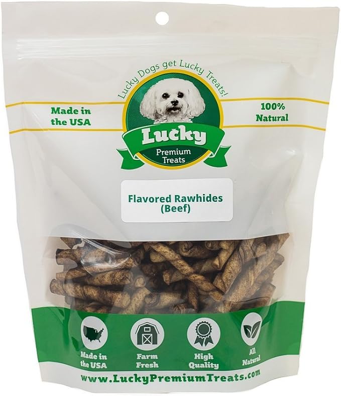 Lucky Premium Treats Beef Basted Rawhide – All-Natural Rawhide and Beef Dog Treats for Extra Small Dogs, Gluten Free Premium Toy Breed Dog Treats (50 Chews)