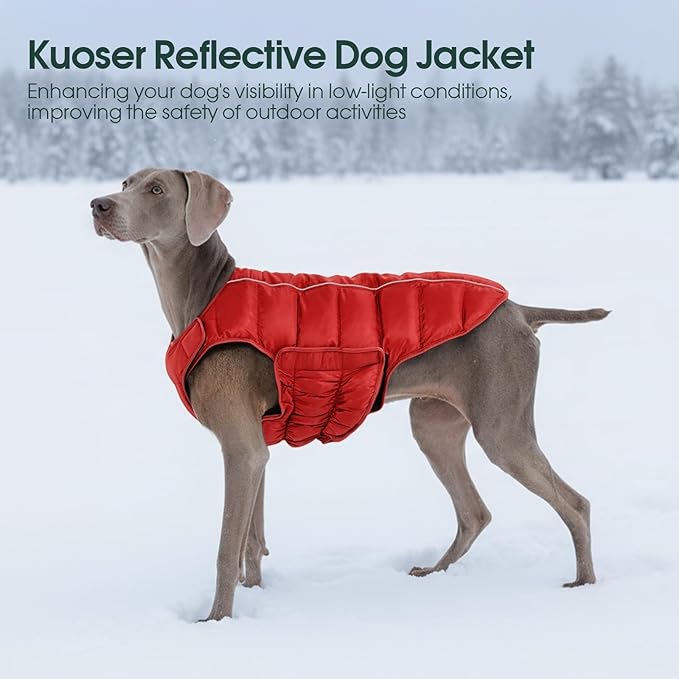 Kuoser Dog Puffer Jacket Warm Dog Coat for Small Medium Dogs, Windproof Reflective Pet Padded Vest Cold Weather Clothes Puppy Snowsuit with Hook & Loop Coats, Easy On/Off, Red M