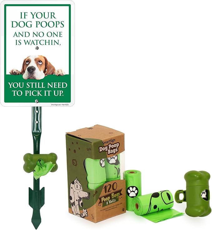 SmartSign If Your Dog Poops You Still Need To Pick Up Yard Sign & Clip-On Preloaded Dispenser Combo/Kit with 135 Dog Poop Waste Bags, 7"x10" Rust-proof Aluminum Sign with 18-inch Steel Stake