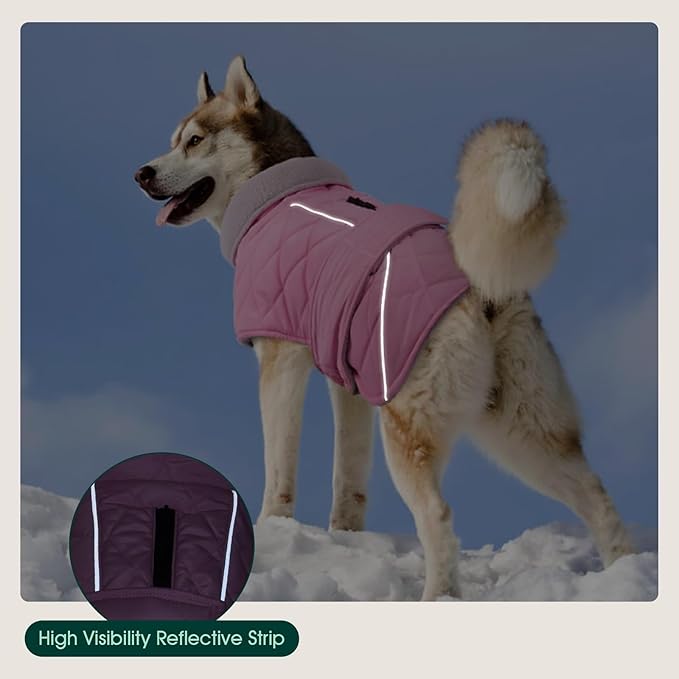Kuoser Dog Coat, Extra Warm Dog Jacket Windproof Dogs Cold Weather Coats for Large Dogs, Fleece Lining Turtleneck Puppy Snowsuit Reflective Adjustable Pet Winter Clothes Christmas, Pink 2XL