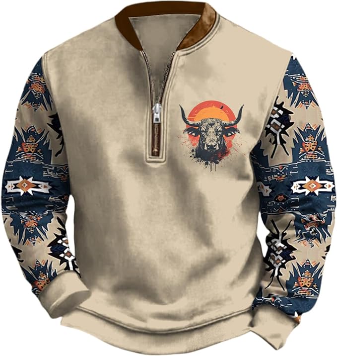 HOTYD Aztec Cowboy Jacket Men Vintage Bullhorn Printed Oversized Western Sweatshirt Long Sleeve Quarter Zip Pullover