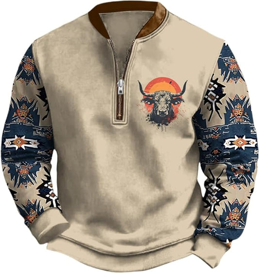 HOTYD Aztec Cowboy Jacket Men Vintage Bullhorn Printed Oversized Western Sweatshirt Long Sleeve Quarter Zip Pullover