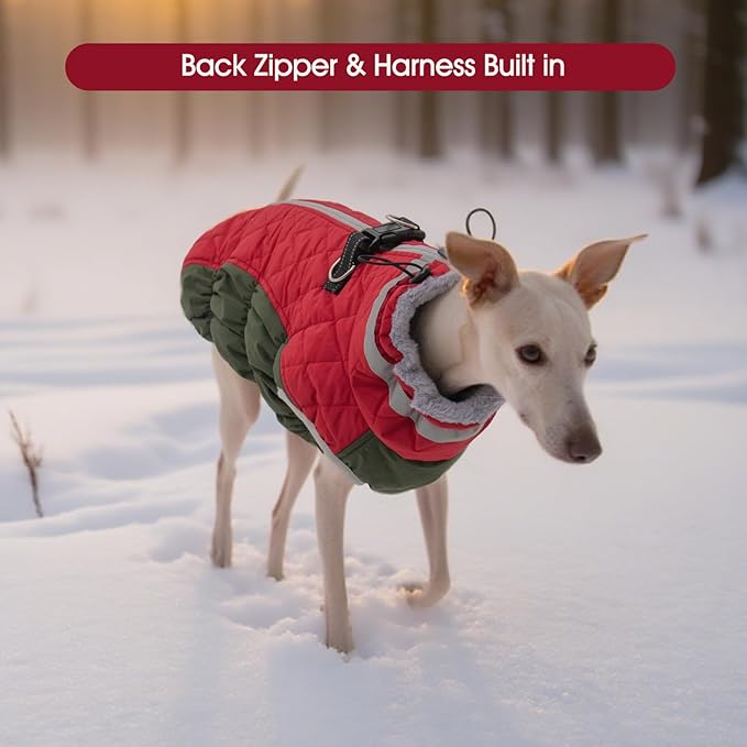 FUAMEY Dog Coat for Large Dogs,Waterproof Dog Winter Jacket with Harness Built in Puppy Cold Weather Coats Reflective Pet Vest with Zipper Warm Fleece Dogs Snowsuit Windproof Christmas XXXL