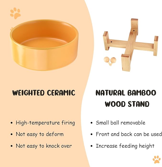 SPUNKYJUNKY 15° Slanted Ceramic Dog and Cat Bowl with Wooden Stand, Tilted Bulldog Food and Water Bowl No Slip Non-Spill for Cats Medium Dogs Big Face Pets 28.7 OZ (3.6 Cups, Yellow)