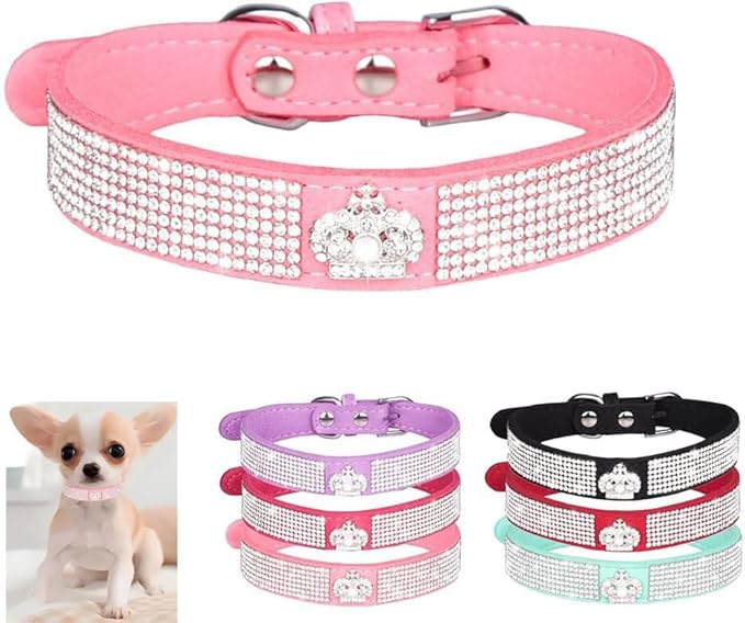 Serijoars Small Dog Collar with Rhinestone Crystal Diamond Colorful Bling Girl Puppy Cat Collars (L, Pink4)