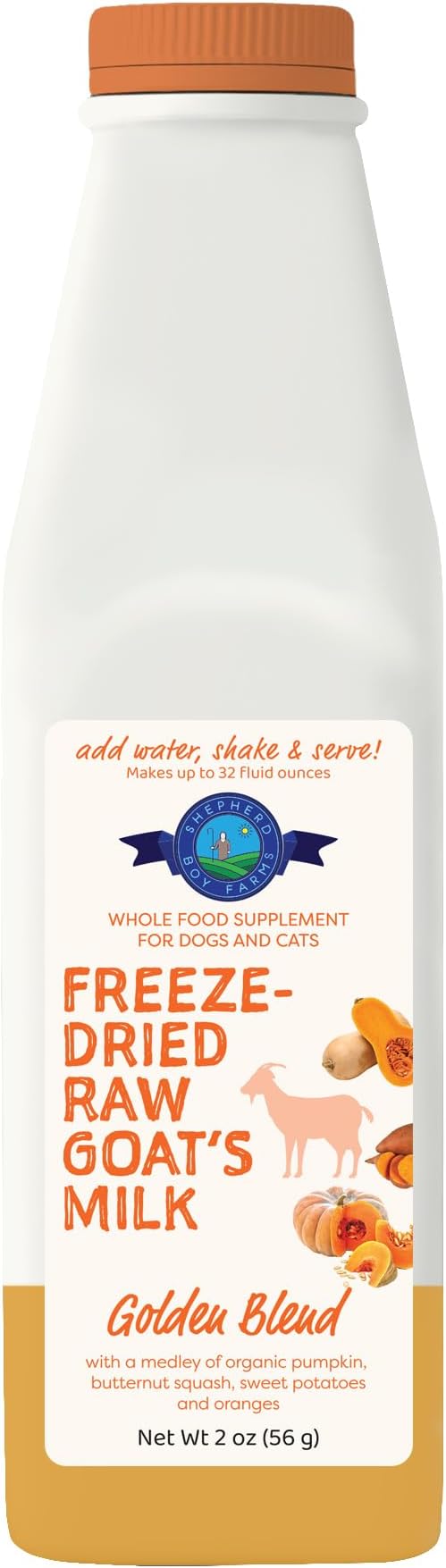 Shepherd Boy Farms Freeze Dried Raw Goats Milk with Probiotics for Dogs & Cats (Golden Blend), Organic USA Veggies & Fruits, High Protein, Digestible Goat Milk Powder, Food Toppers - Makes 32 FL OZ