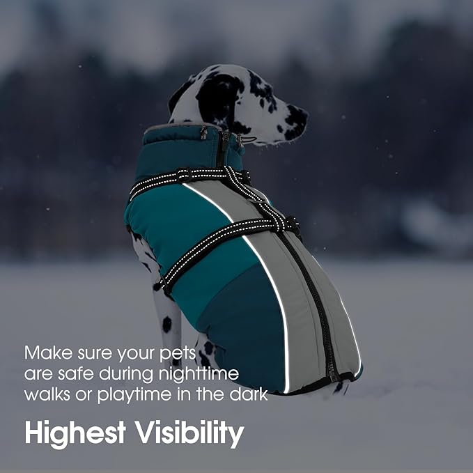 SUNFURA Dog Coat, Dog Jacket for Large Dogs with Harness Built in, Warm Pet Winter Coat Zip Up Snow Jacket with Furry Collar for Boston Terrier, French Bulldogs, Turquoise L