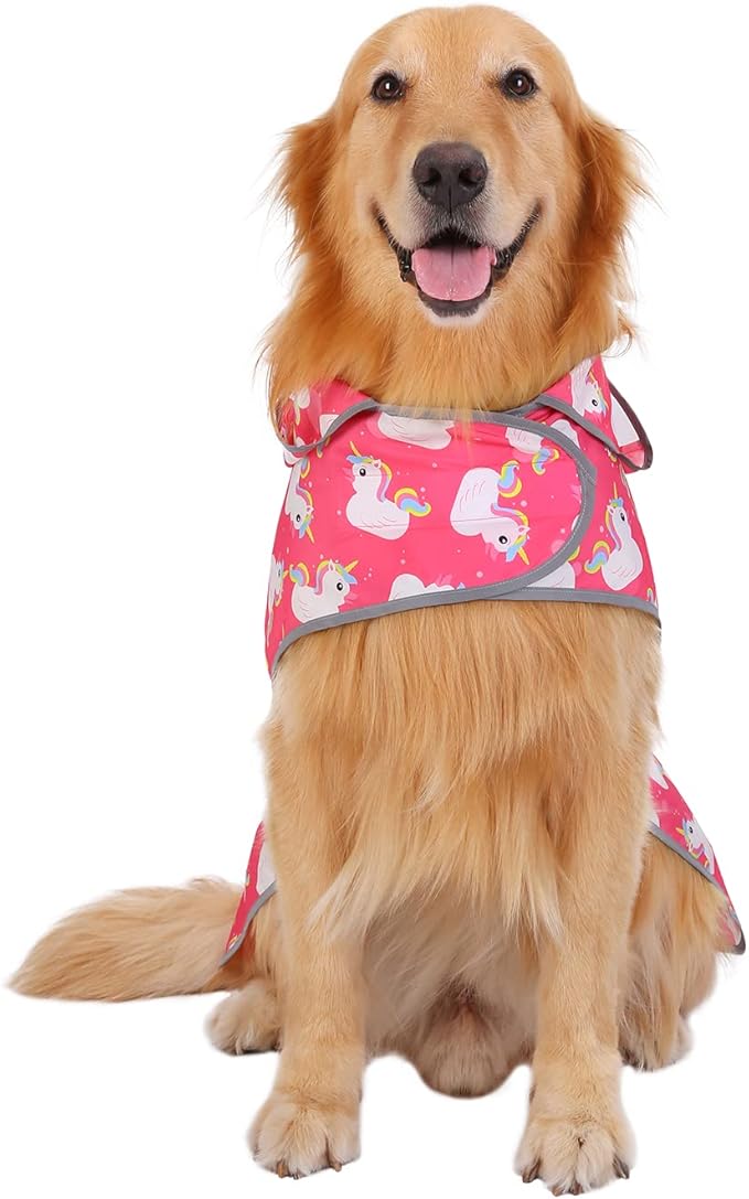 HDE Dog Raincoat with Clear Hood Rain Jacket Poncho for Small Medium Large Dogs Unicorn Ducks Pink - L