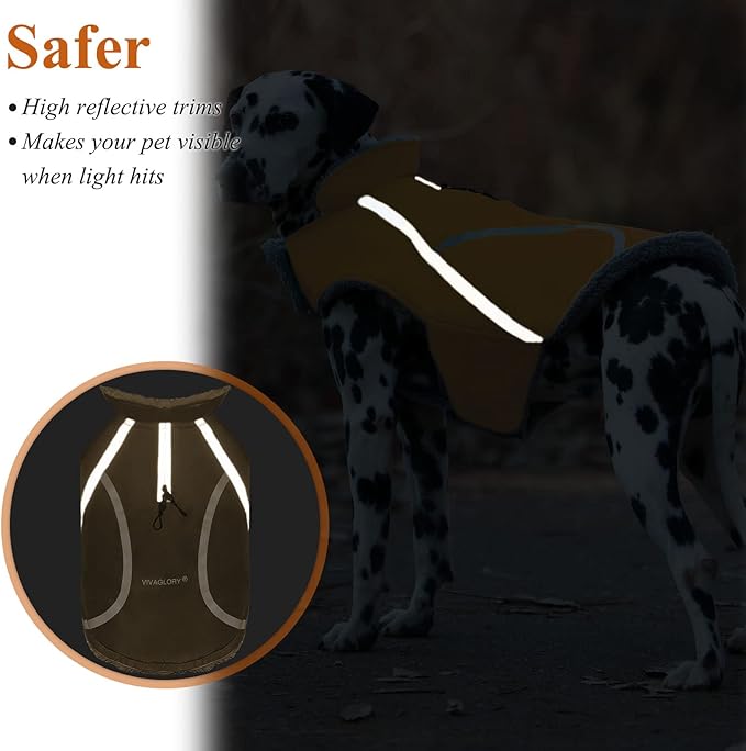 VIVAGLORY Frostfit Dog Coat, Dog Jacket for Winter & Cold Weather, Warm Fluffy Fleece Lined Water Resistant Reflective for Puppy, Coat with Velcro Fastening & Leash Hole, M+, Khaki