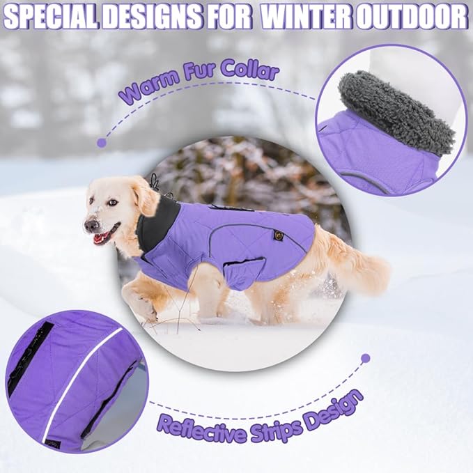 EMUST Thick Winter Dog Coat for Medium Boys - with Harness Hole for Cold Weather - Purple, M