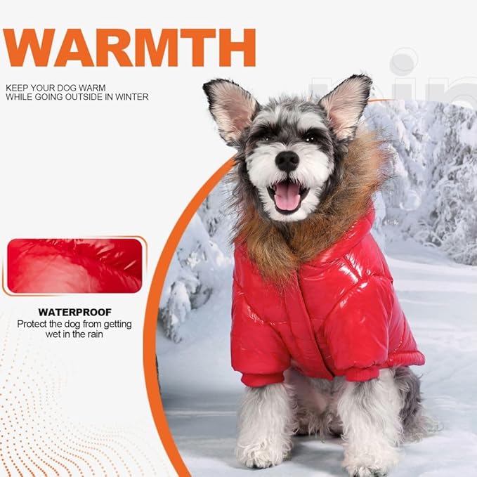 PINA Dog Winter Coat with Faux Fur Hood, Windproof and Warm, Red, S - Suitable for Small to Large Dogs