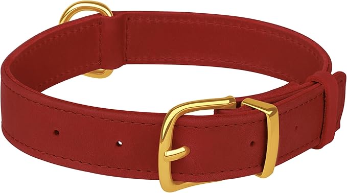 Leather Dog Collar - Heavy Duty Adjustable Soft Padded Pet Collars for Small Medium Large Dogs Breed - Black Green Brown Pink Red Blue (Red, M, 12"-15" Neck Fit)