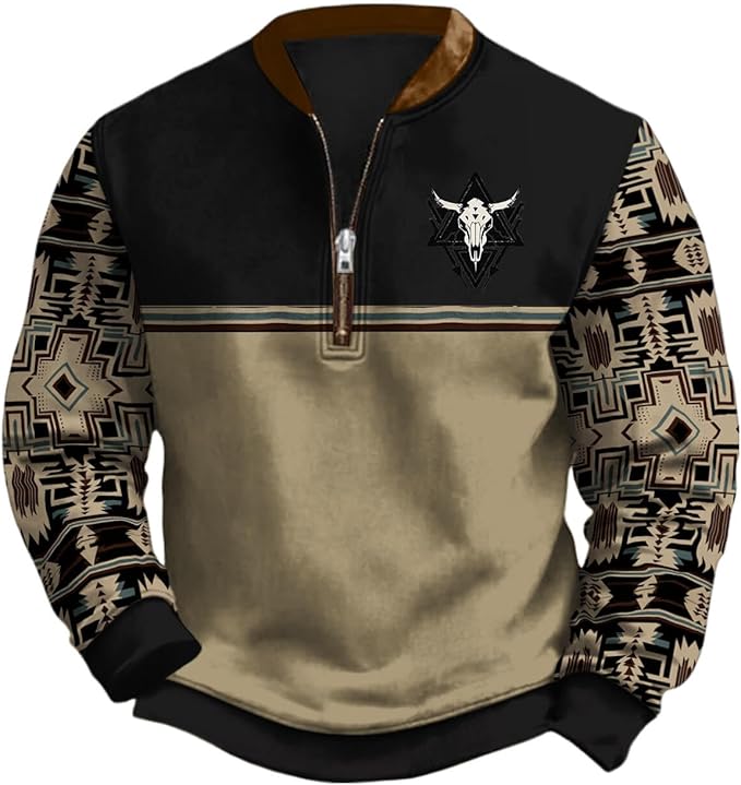 HOTYD Aztec Cowboy Jacket Men Vintage Bullhorn Printed Oversized Western Sweatshirt Long Sleeve Quarter Zip Pullover