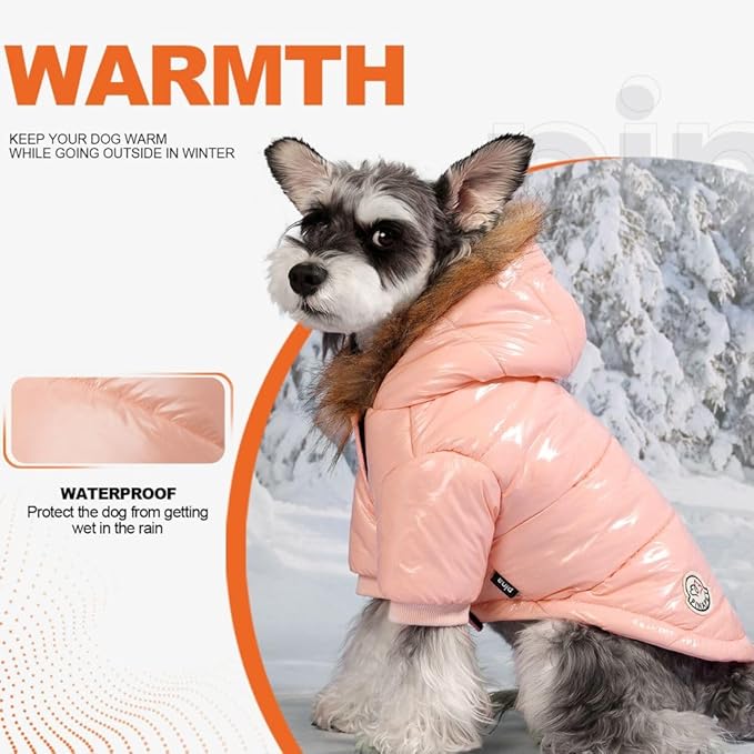 PINA Dog Winter Coat with Faux Fur Hood, Windproof and Warm, Suitable for Small to Large Dogs, Pink, Large