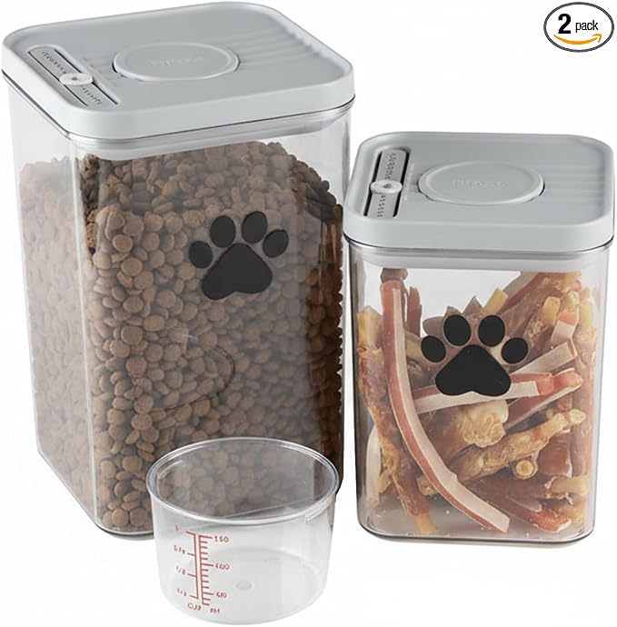 Dog Cat Food Storage Container with Scoop, 2Pack Airtight Plastic Pet Food Storage Containers,Dog Treat Container Jars Set,Treats Canister for Kitchen or Countertop,BPA Free, Clear
