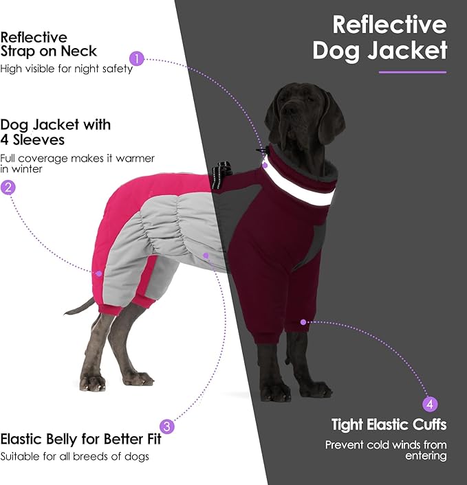 SUNFURA Full Body Dog Coat - Warm Fleece Jacket for Large Dogs, Turtleneck Winter Coats with Harness, Reflective Dog Snowsuit Windproof Puffer Jackets with Legs for French Bulldog, Hot Pink L